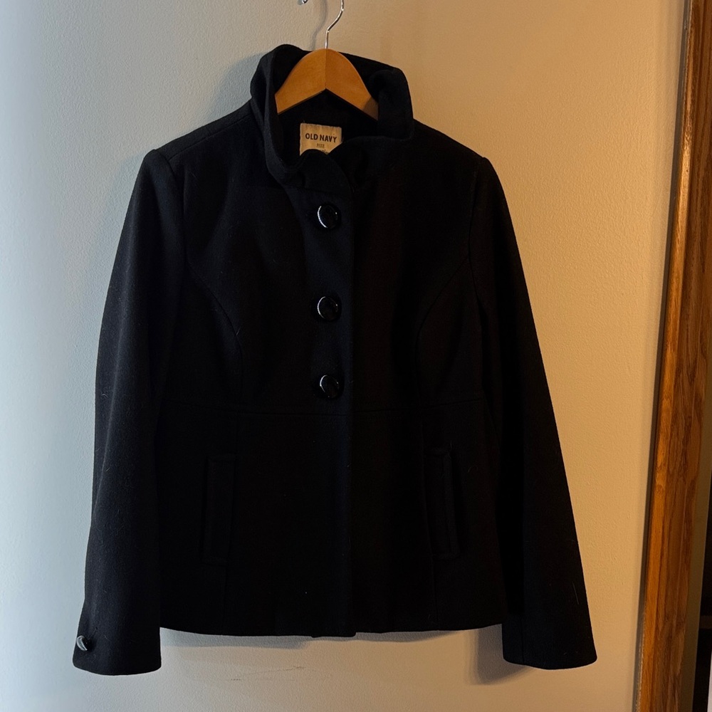 Old Navy Women's Black Pea Coat with Ruffled Collar